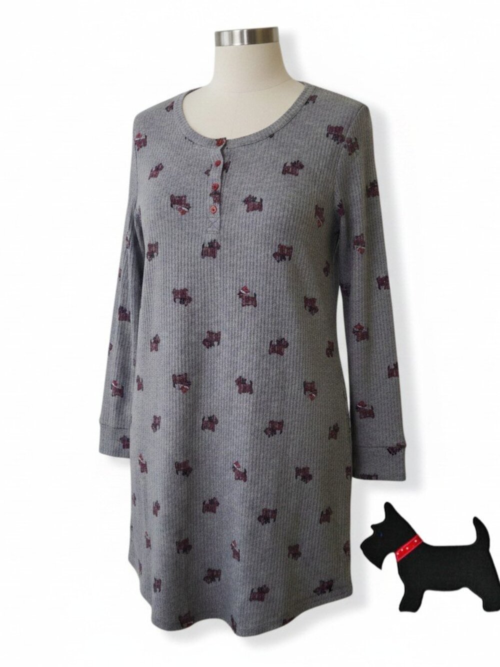 Laura Ashley Gray Ribbed Nightshirt with Scotty Dog Print Size Large